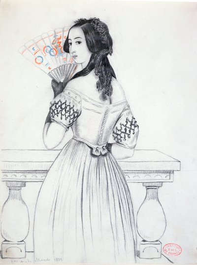 George Sand (1804-76) with a fan, 1833 by Alfred de Musset